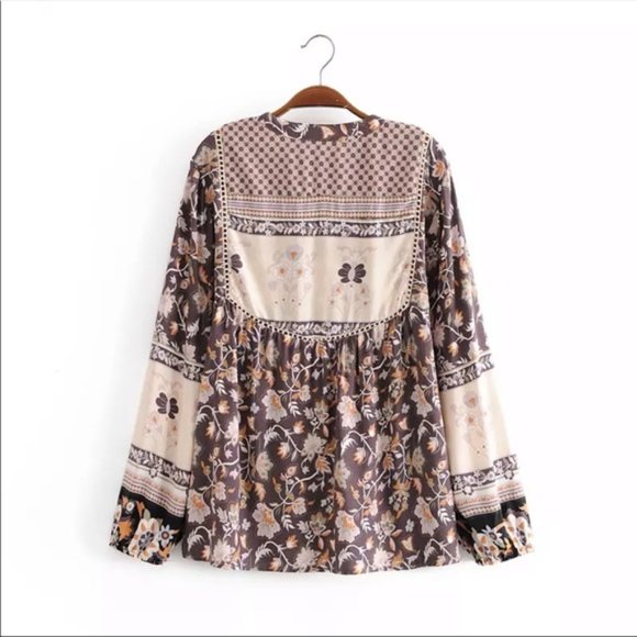 Fall Boho Gypsy Floral Print Peasant Blouse Tan - Picture 5 of 9